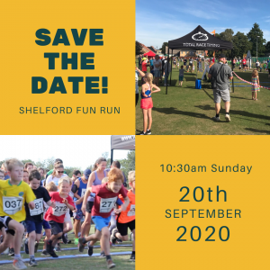 Graphic with two photos taken at the Shelford Fun Run 2019 with text '"Save the date, 10:30am Sunday 20th September 2020"