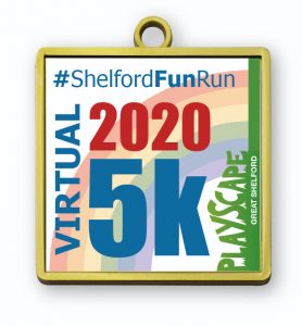 Mock up of square medal, edged in cold, with wording #ShelfordFunRun Virtual 5K 2020 and Shelford Playscape logo, with faint rainbow in the background