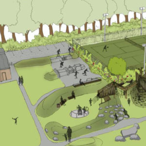 Artists impression of a small skate park next to a landscaped playground