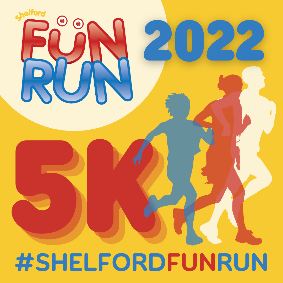 Graphic image showing silhouettes of 3 people running with logo and text: 5k, 2022, #ShelfordFunRun