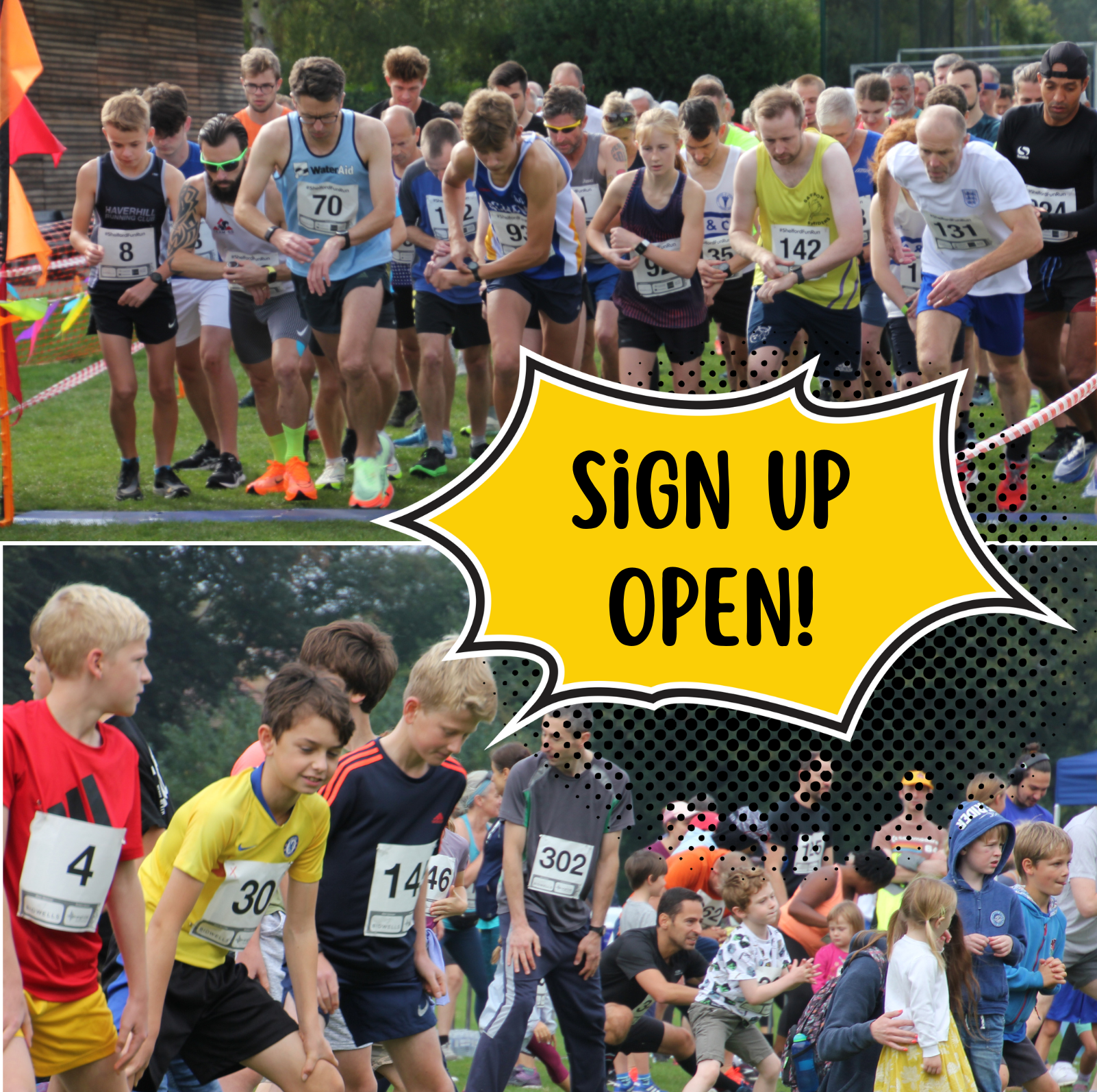 Photo of the start line and photo of the warm up from the 2022 shelford fun run