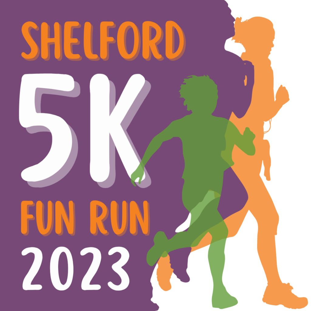 Graphic with 3 running figures and text: Shelford 5k Fun Run 2023