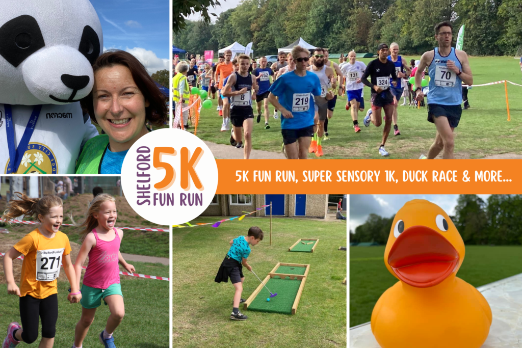 Grid of photos: Cambridge City FC mascot, runners setting off, children running, mini golf & a rubber duck