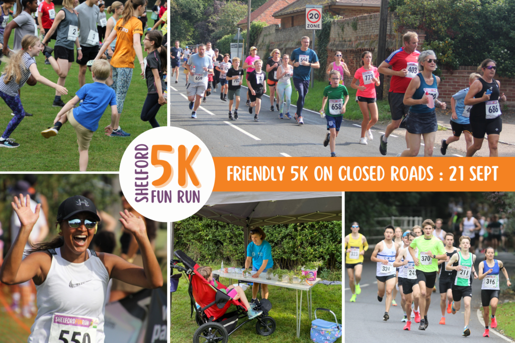 Montage of 5 photos from previous Shelford Fun Run events: Children warming up, people of all ages running on the road, woman smiling at the finish line, girl in a wheelchair at a stall and photo of the lead pack running on the road.